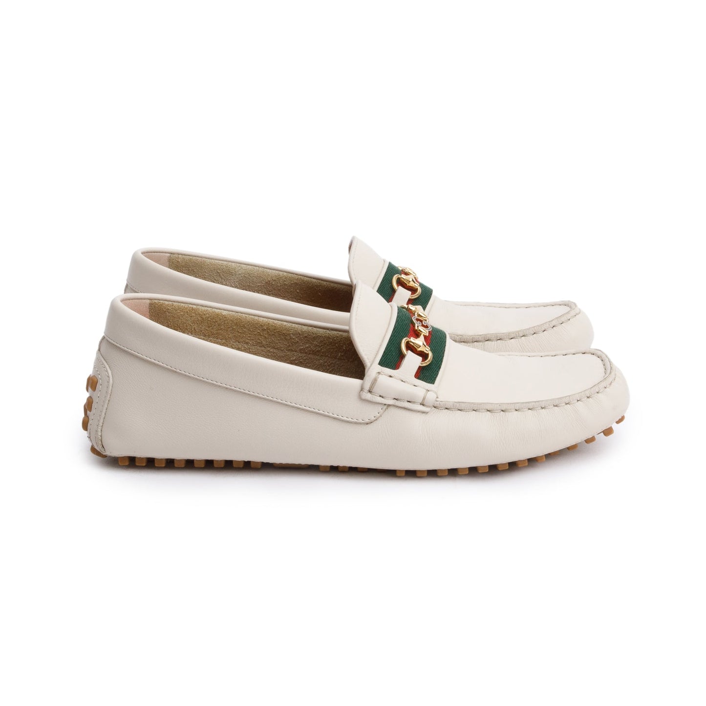 Gucci White Ayrton Horsebit Web Driving Loafers, Size 9
