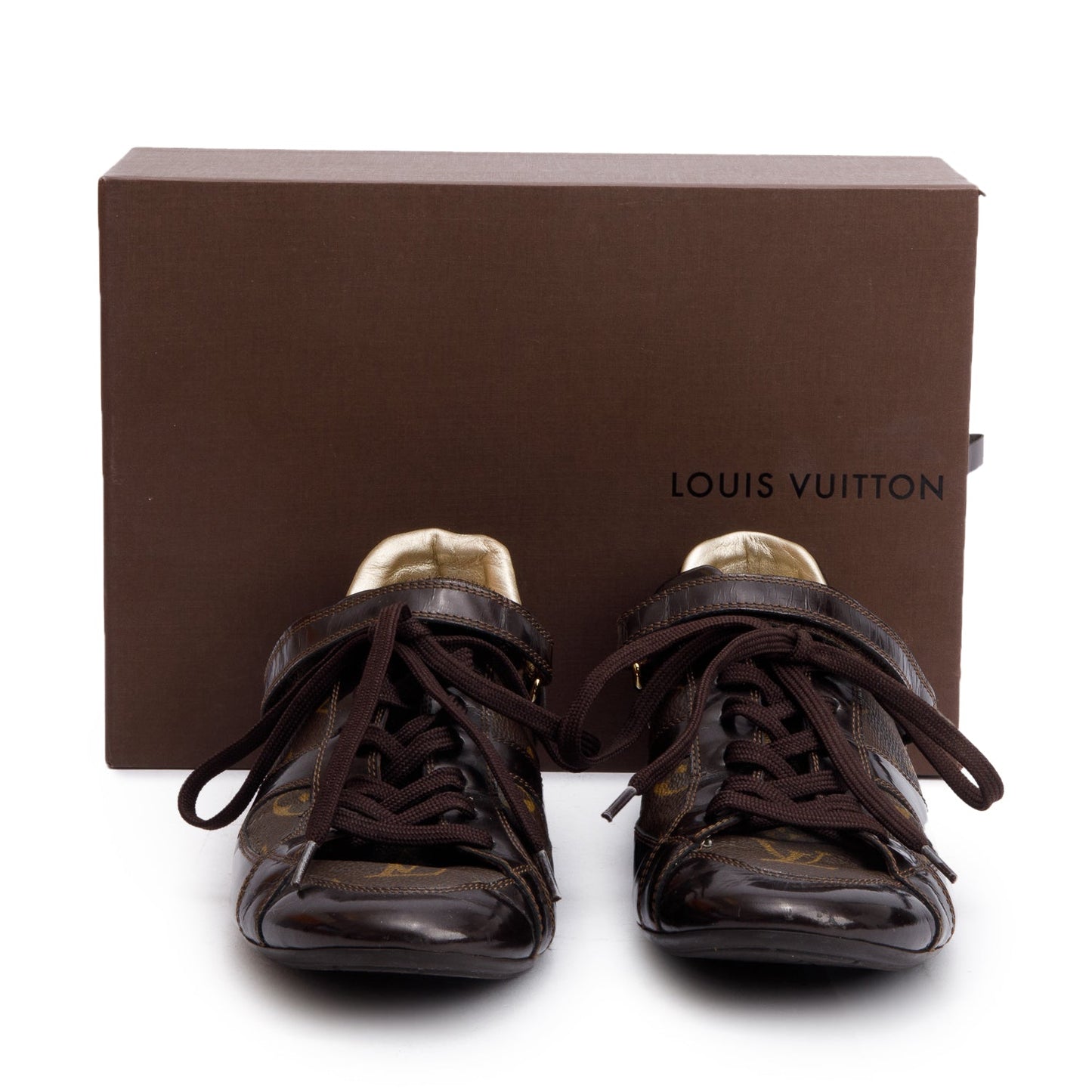 Louis Vuitton Monogram Canvas Brown Patent Leather Globe Trotter Sneakers, Size 39