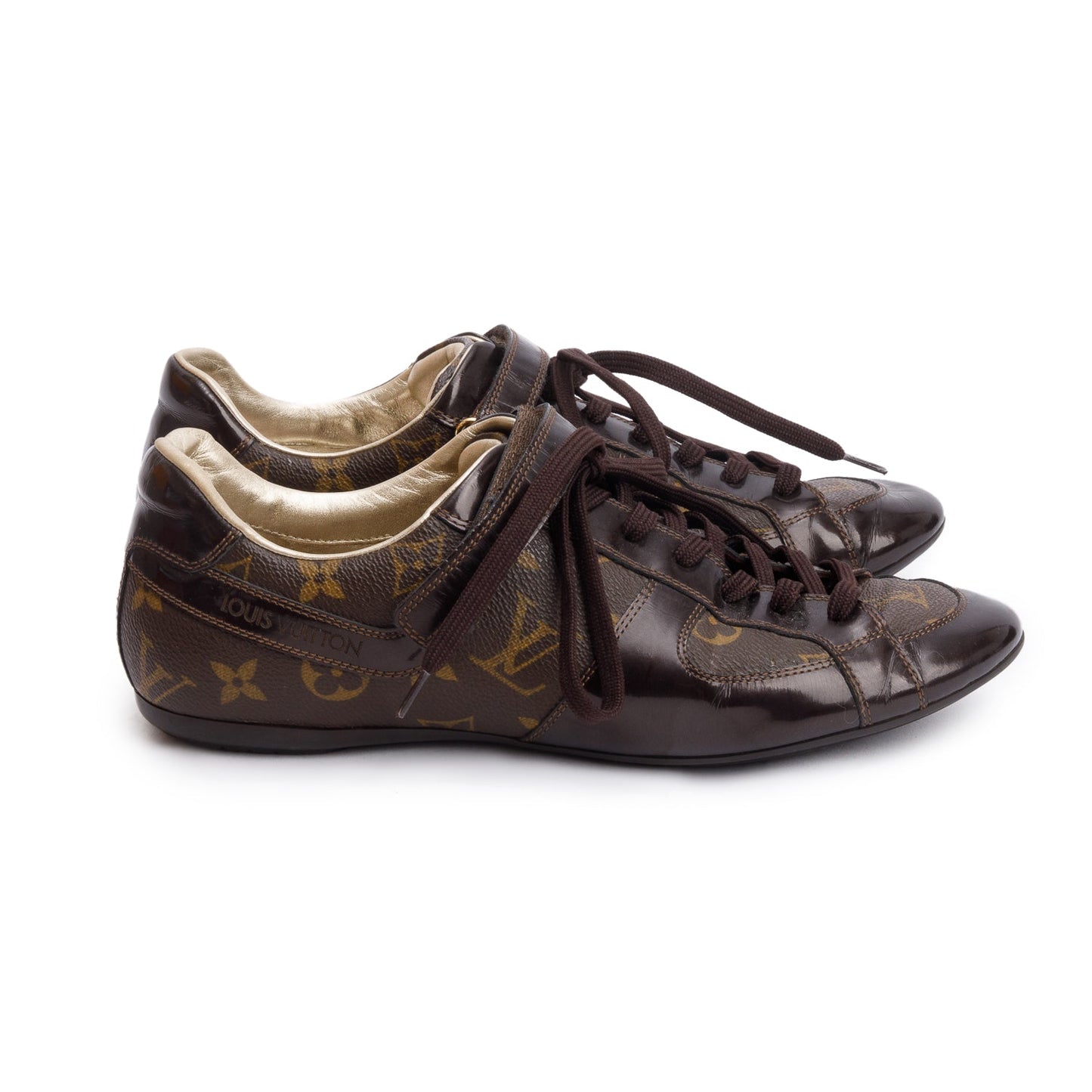 Louis Vuitton Monogram Canvas Brown Patent Leather Globe Trotter Sneakers, Size 39