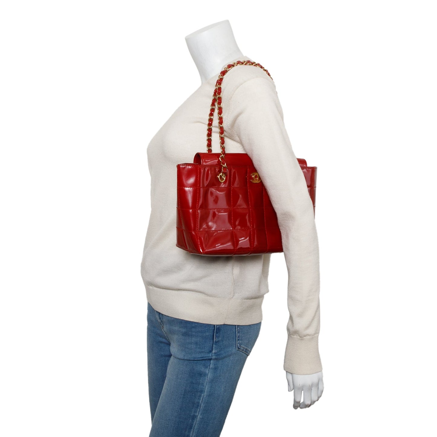 Chanel Red Quilted Patent Leather Chocolate Bar CC Tote