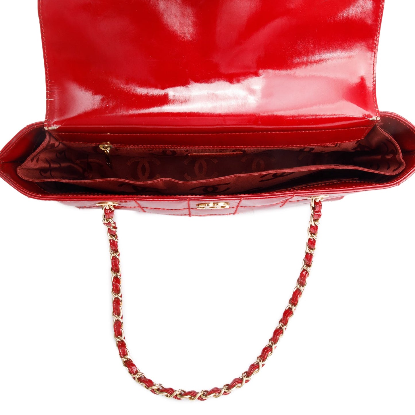Chanel Red Quilted Patent Leather Chocolate Bar CC Tote