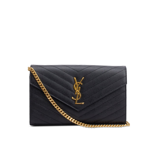 Saint Laurent 2020 Black Grain De Poudre Leather Cassandre Envelope Chain Wallet