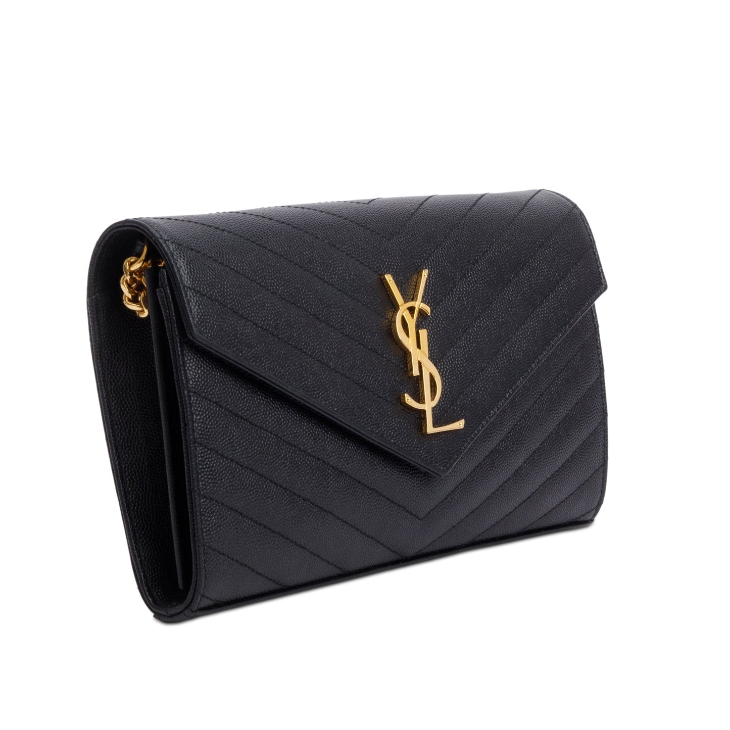 Saint Laurent 2020 Black Grain De Poudre Leather Cassandre Envelope Chain Wallet