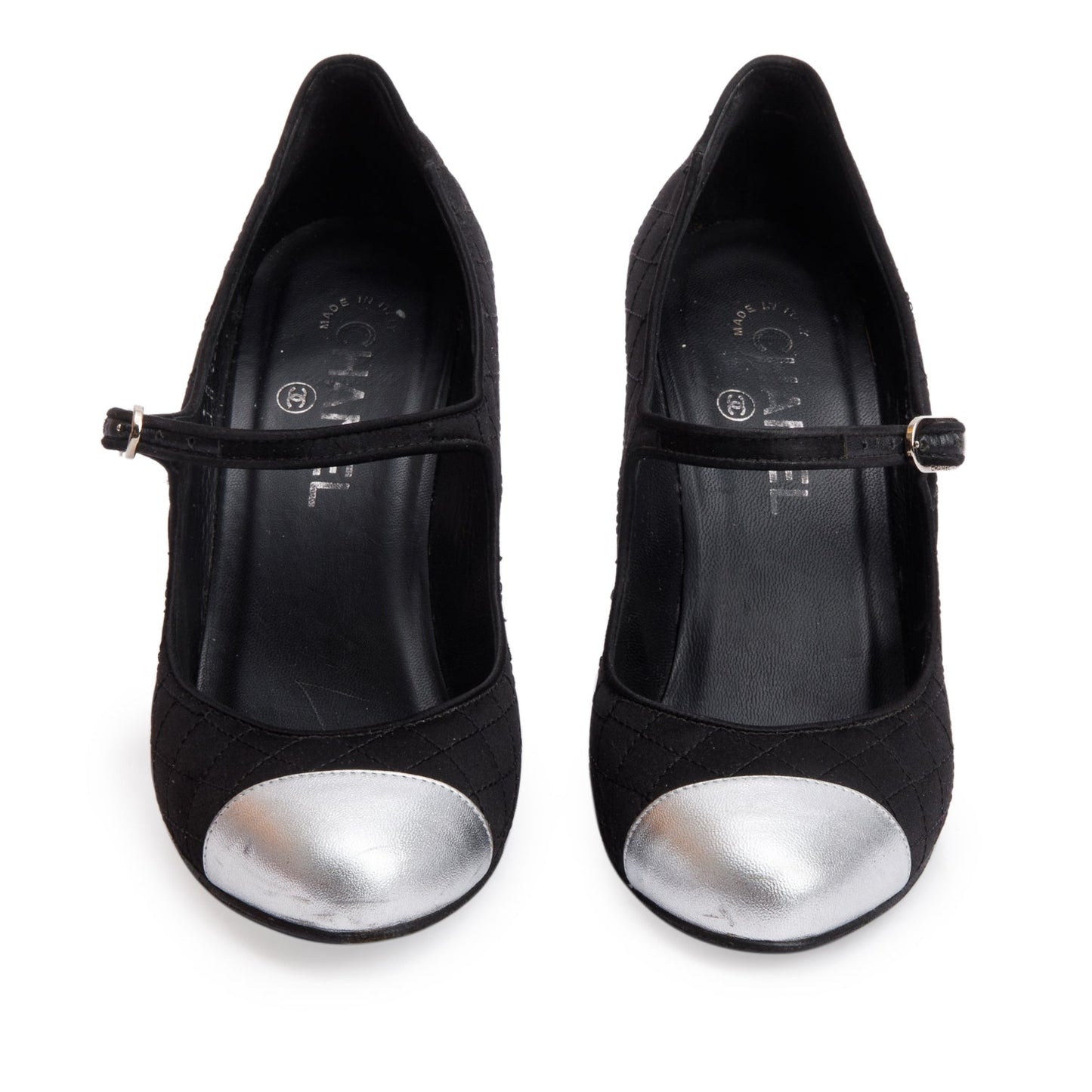 Chanel Black Quilted Satin Silver Leather Cap Toe Mary Jane Pumps, Size 37