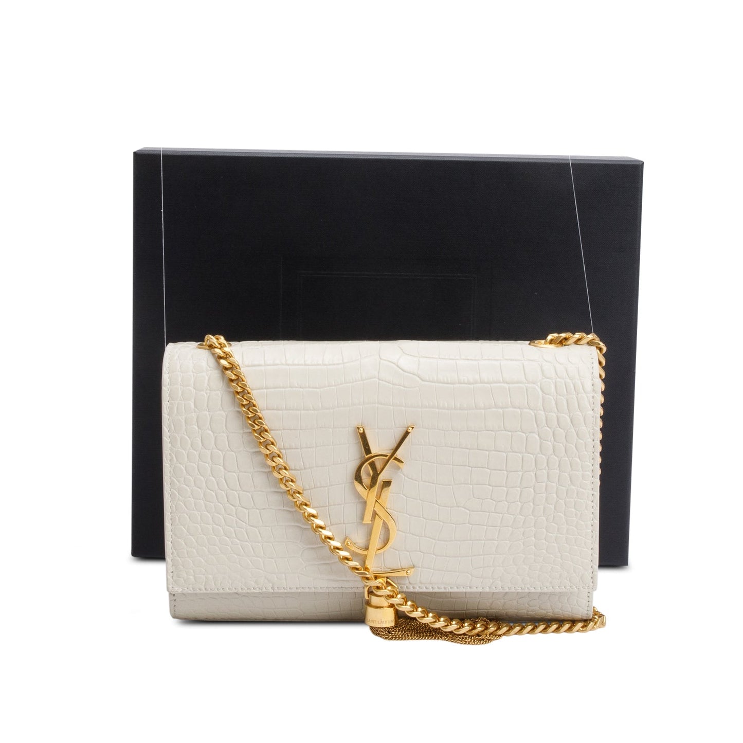 Saint Laurent 2025 White Crocodile-Embossed Leather Small Classic Monogram Kate Tassel Chain Bag