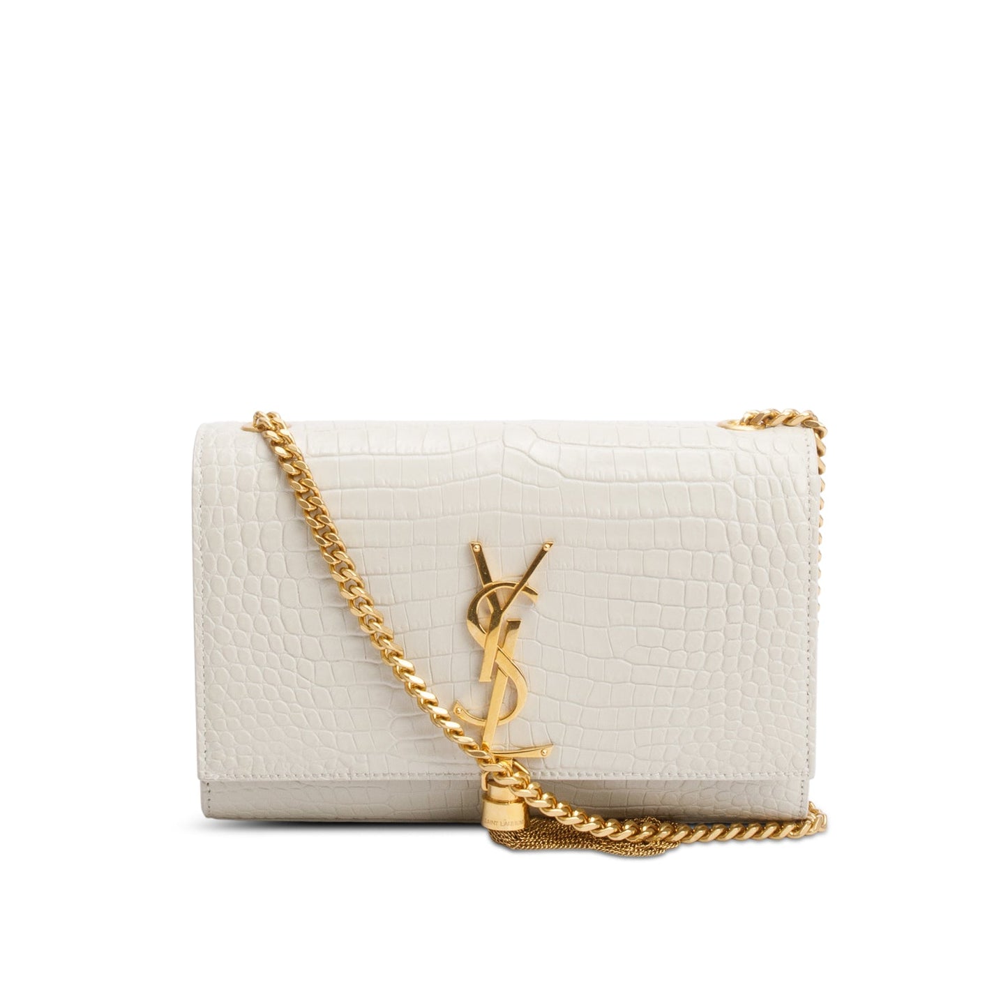 Saint Laurent 2025 White Crocodile-Embossed Leather Small Classic Monogram Kate Tassel Chain Bag