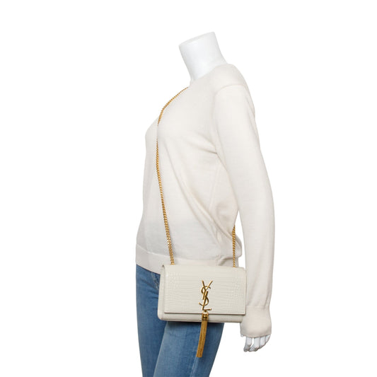 Saint Laurent 2025 White Crocodile-Embossed Leather Small Classic Monogram Kate Tassel Chain Bag