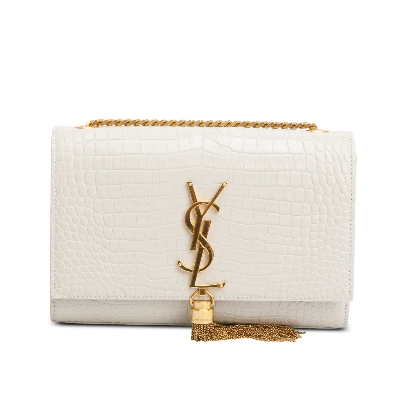 Saint Laurent 2025 White Crocodile-Embossed Leather Small Classic Monogram Kate Tassel Chain Bag
