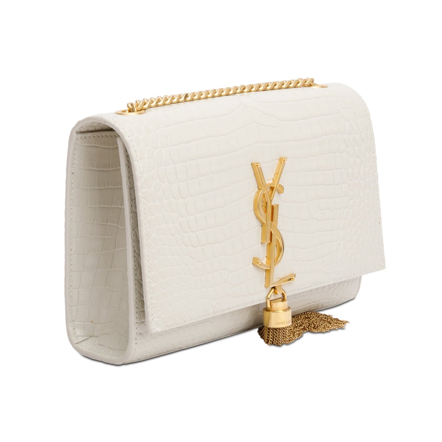 Saint Laurent 2025 White Crocodile-Embossed Leather Small Classic Monogram Kate Tassel Chain Bag