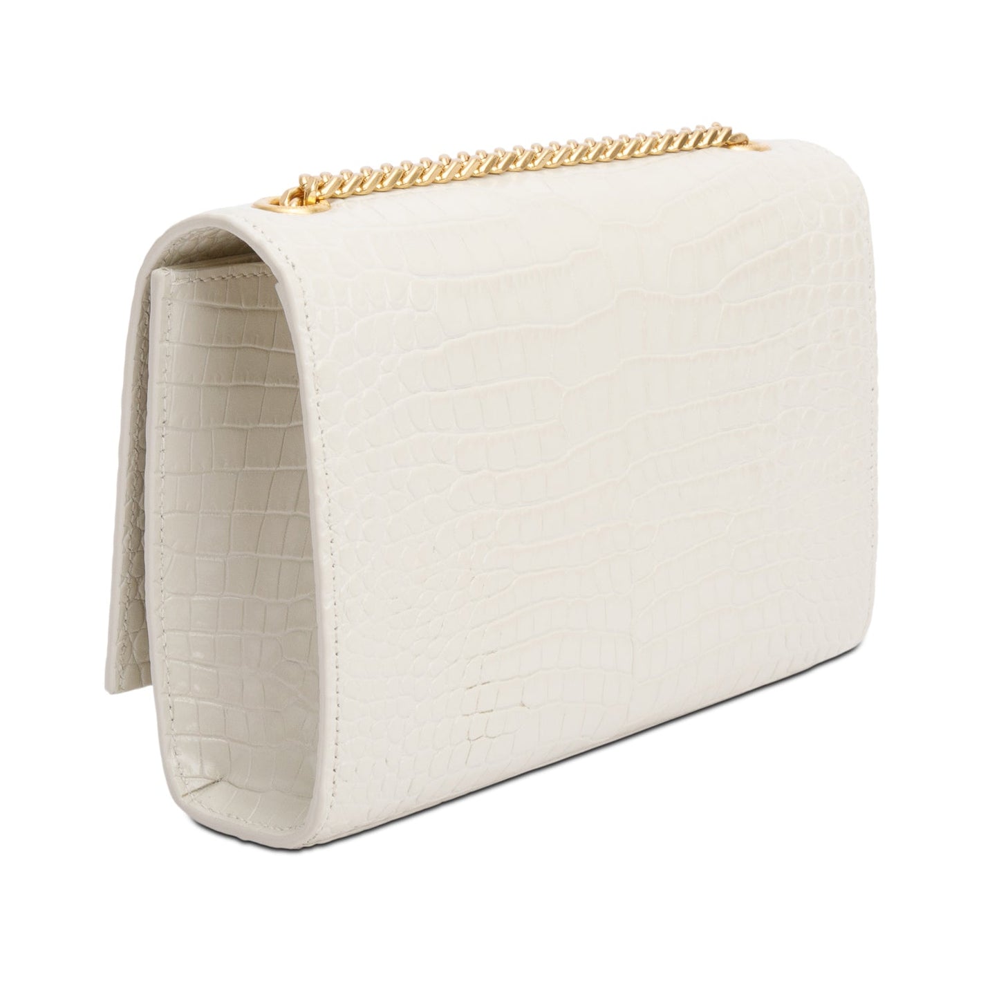 Saint Laurent 2025 White Crocodile-Embossed Leather Small Classic Monogram Kate Tassel Chain Bag