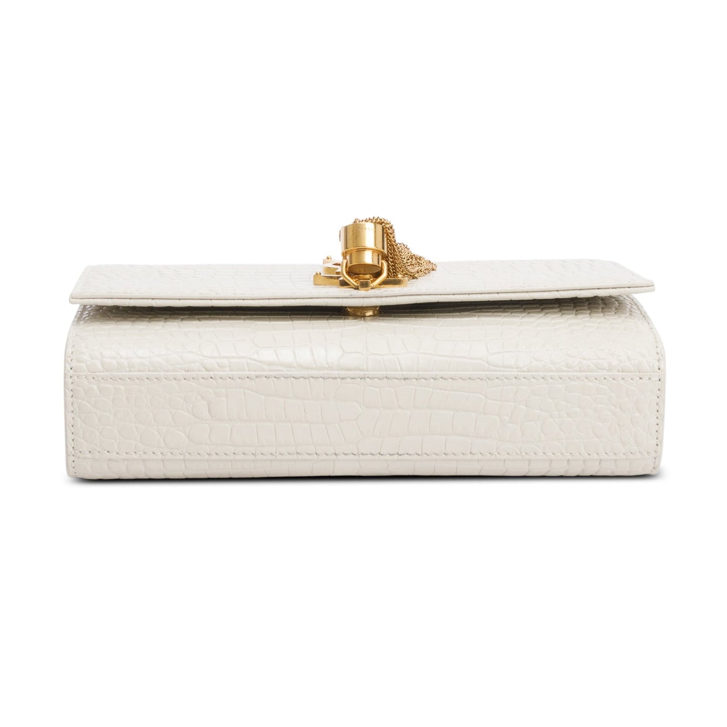 Saint Laurent 2025 White Crocodile-Embossed Leather Small Classic Monogram Kate Tassel Chain Bag
