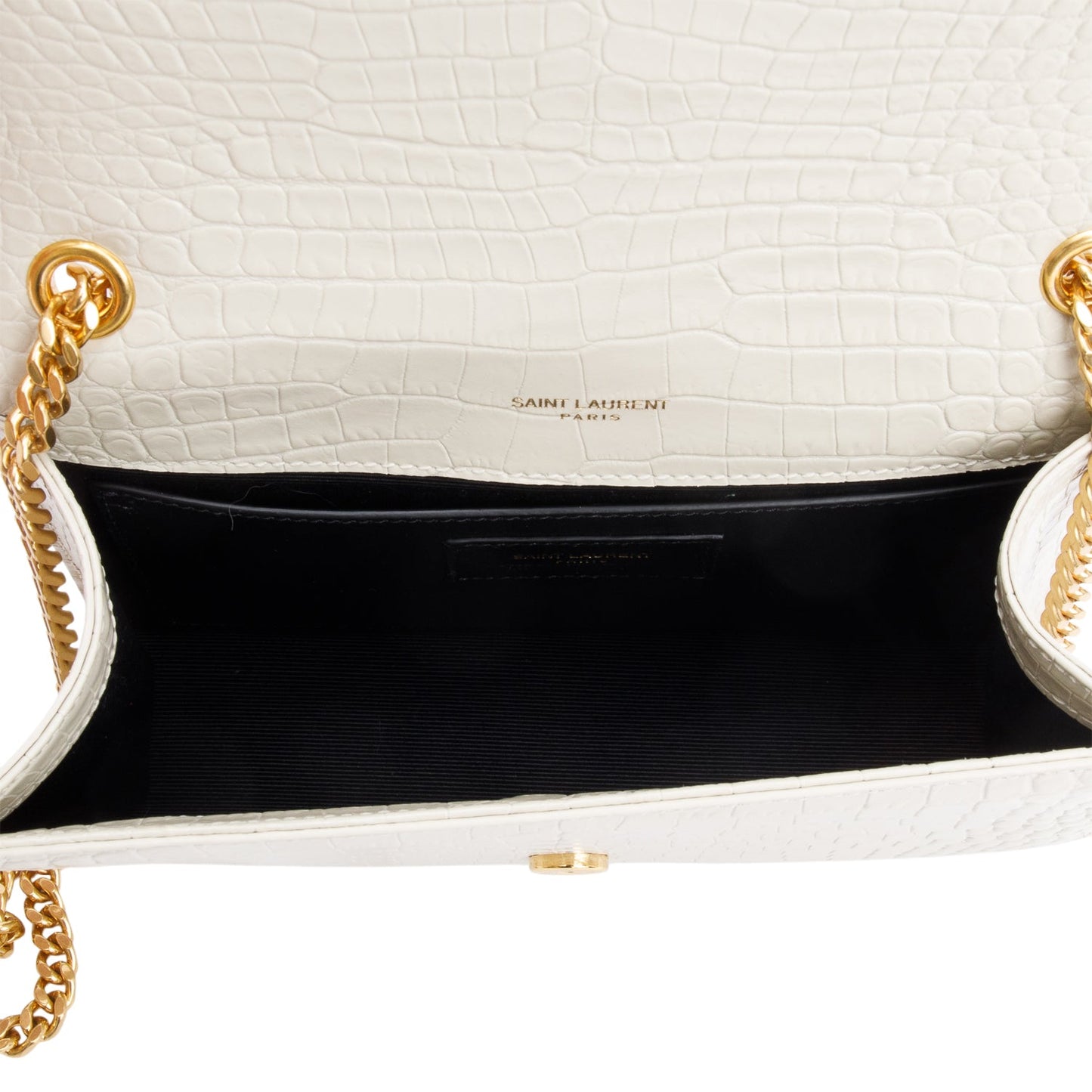 Saint Laurent 2025 White Crocodile-Embossed Leather Small Classic Monogram Kate Tassel Chain Bag