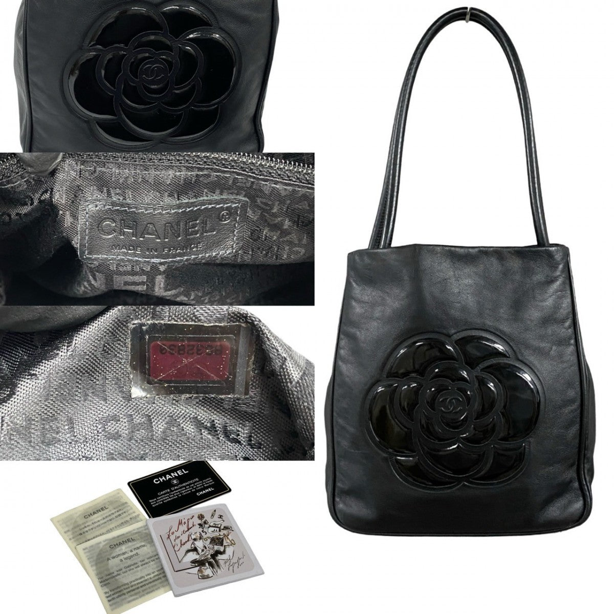 CHANEL Tote Bag leather black logo Camelia Women
