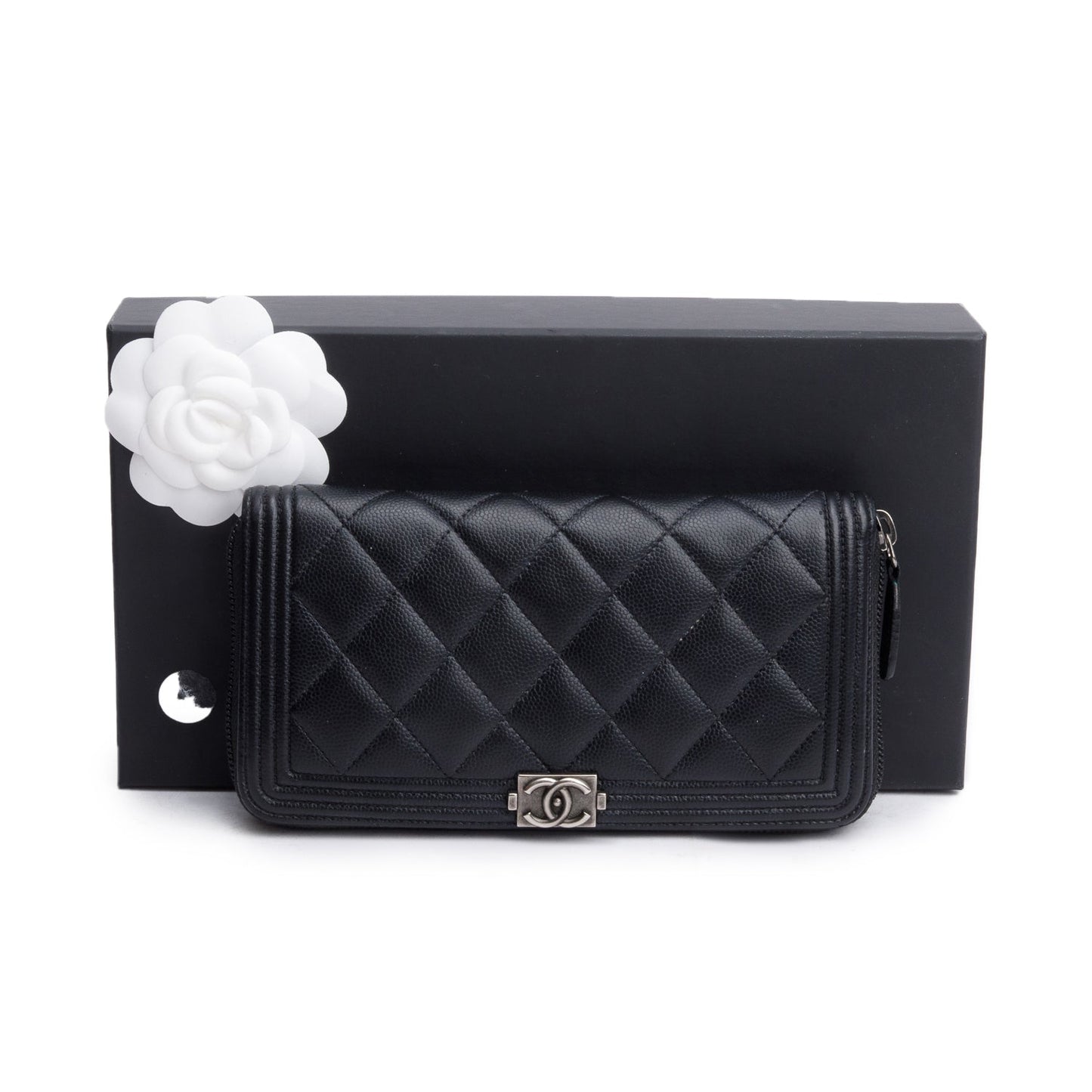 Chanel Black Caviar Leather Boy Long Zip Around Wallet