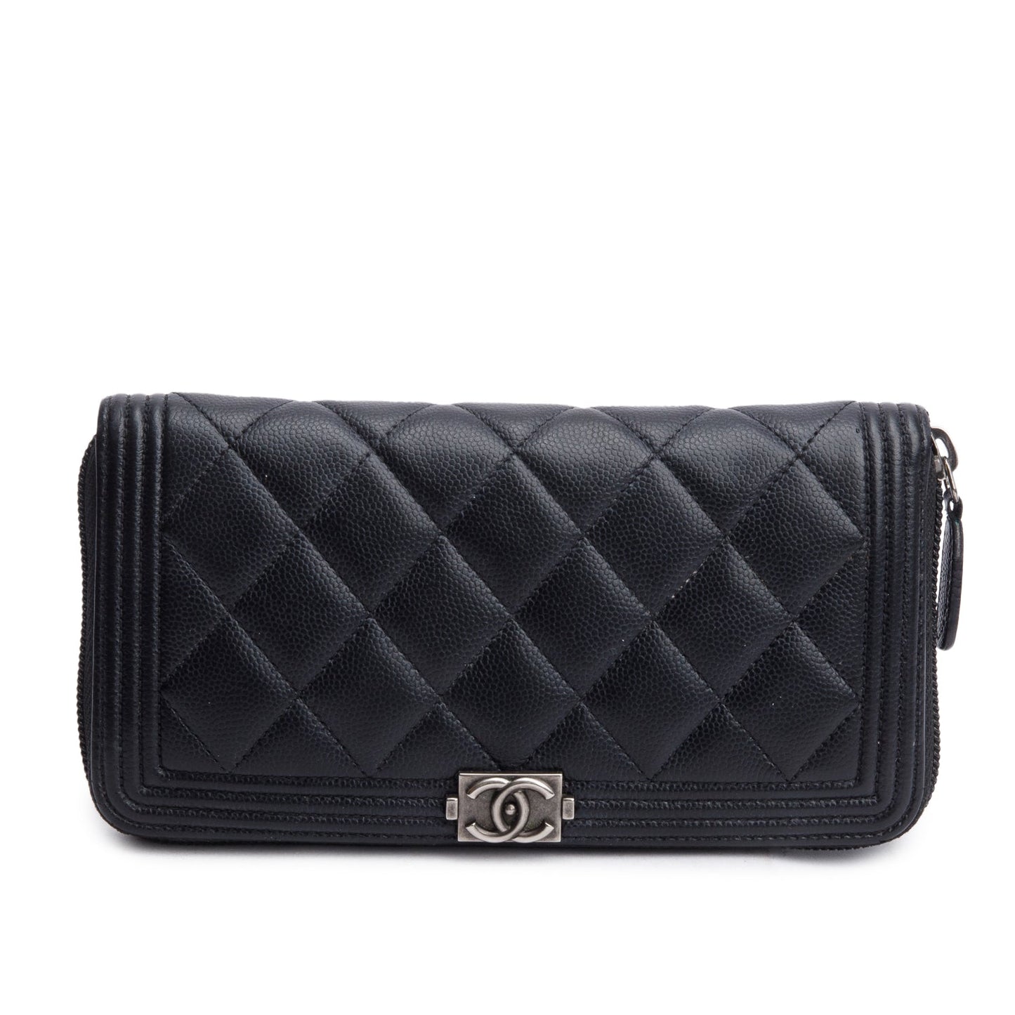 Chanel Black Caviar Leather Boy Long Zip Around Wallet