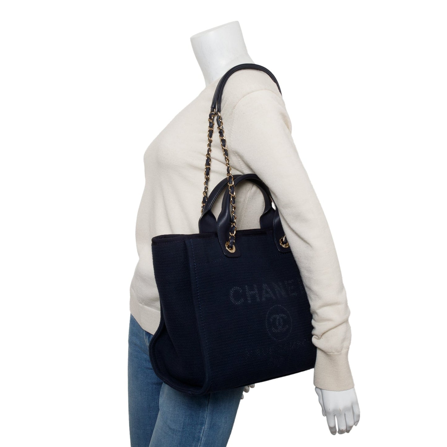 Chanel Navy Mixed Fibers Small Deauville Tote