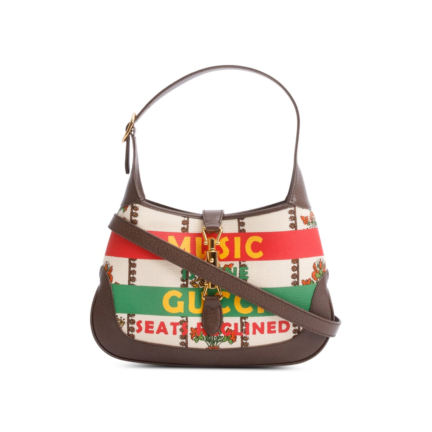 Gucci Neutral & Multicolor Music Is Mine Canvas Brown Leather Trim Small Jackie 1961 Shoulder Bag