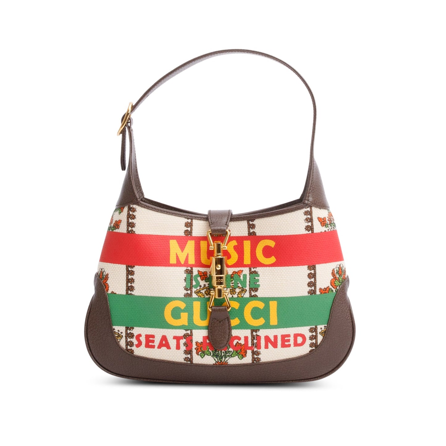 Gucci Neutral & Multicolor Music Is Mine Canvas Brown Leather Trim Small Jackie 1961 Shoulder Bag