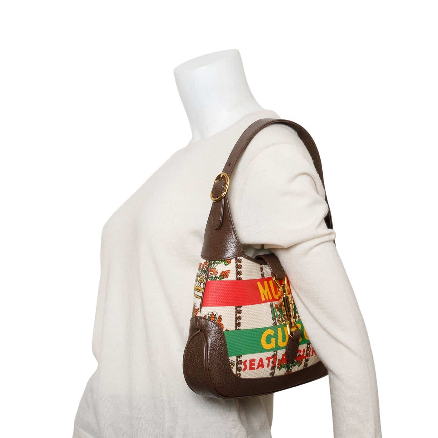 Gucci Neutral & Multicolor Music Is Mine Canvas Brown Leather Trim Small Jackie 1961 Shoulder Bag