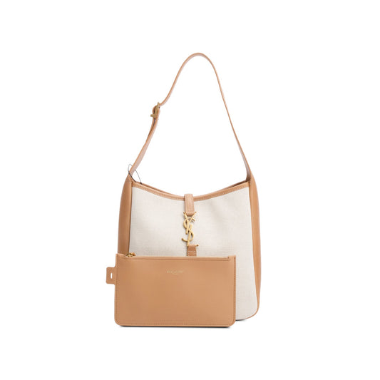 Saint Laurent 2023 Beige Smooth Calfskin Leather & Natural Canvas Small Le 5 a 7 Hobo Bag