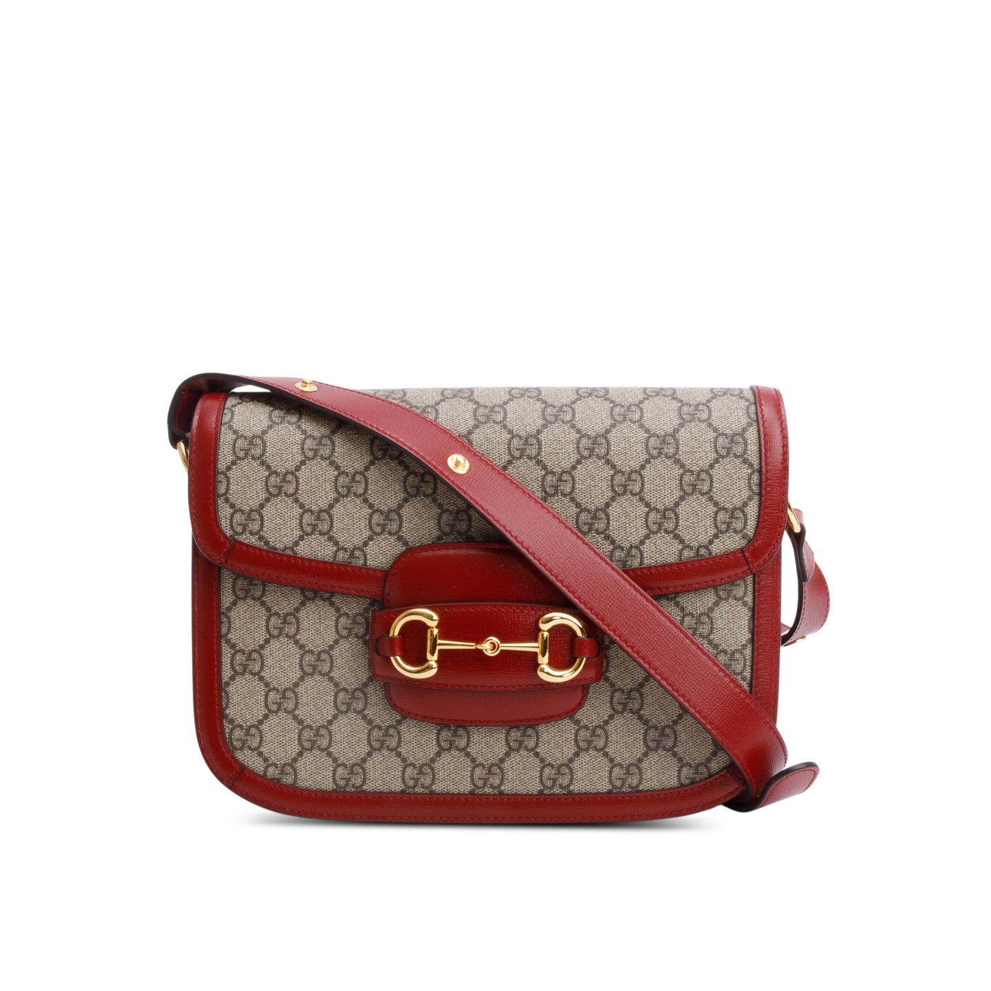 Gucci GG Supreme Canvas Red Leather Trim Horsebit 1955 Small Shoulder Bag