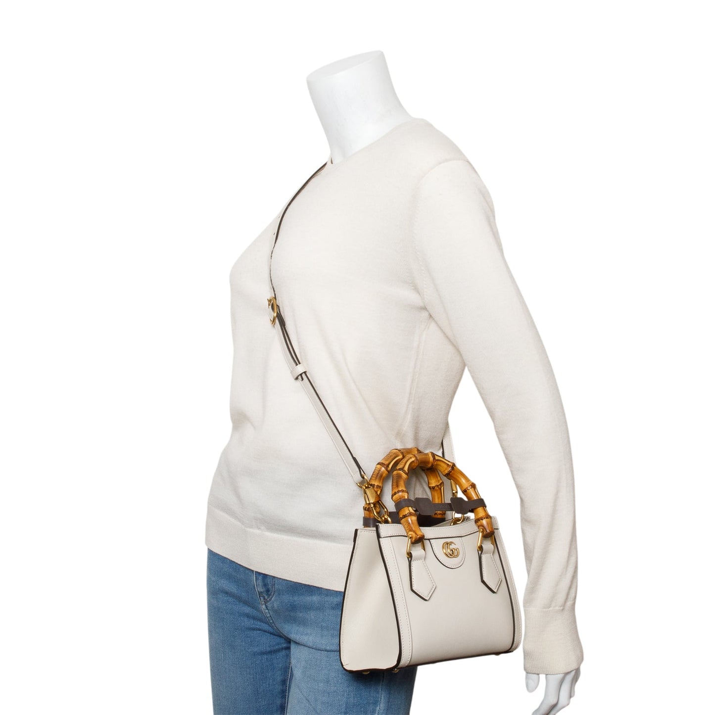 Gucci White Calfskin Leather Diana Small Tote Bag
