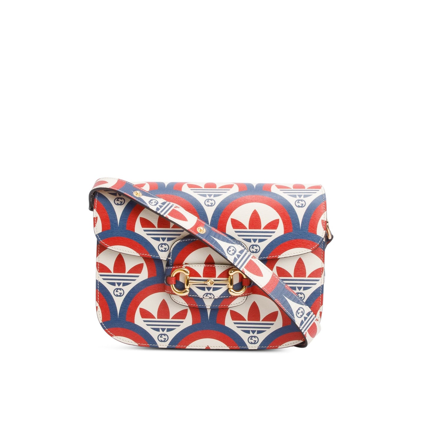 Gucci X Adidas Limited Edition Blue/Red Trefoil Printed Leather Horsebit 1955 Small Shoulder Bag