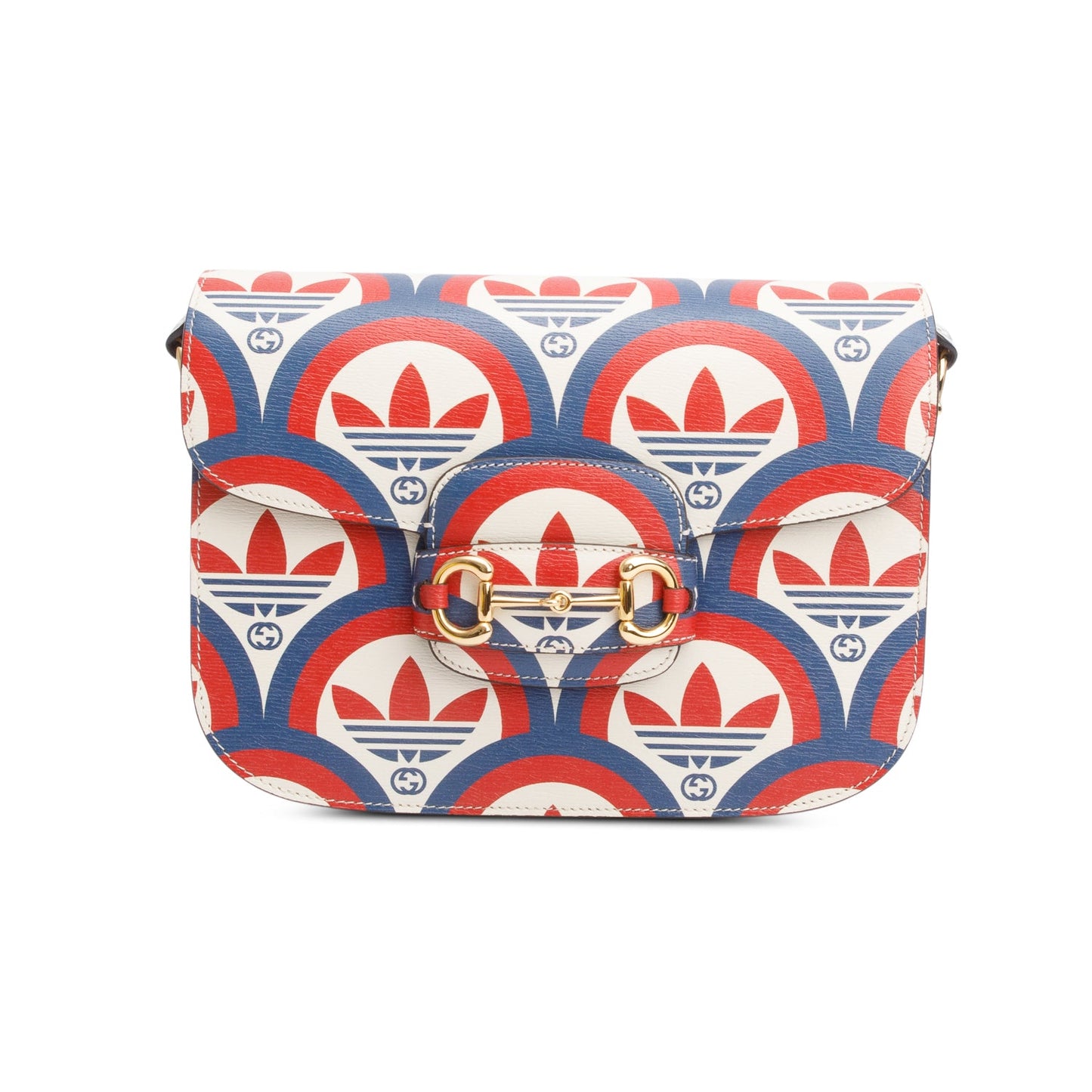 Gucci X Adidas Limited Edition Blue/Red Trefoil Printed Leather Horsebit 1955 Small Shoulder Bag