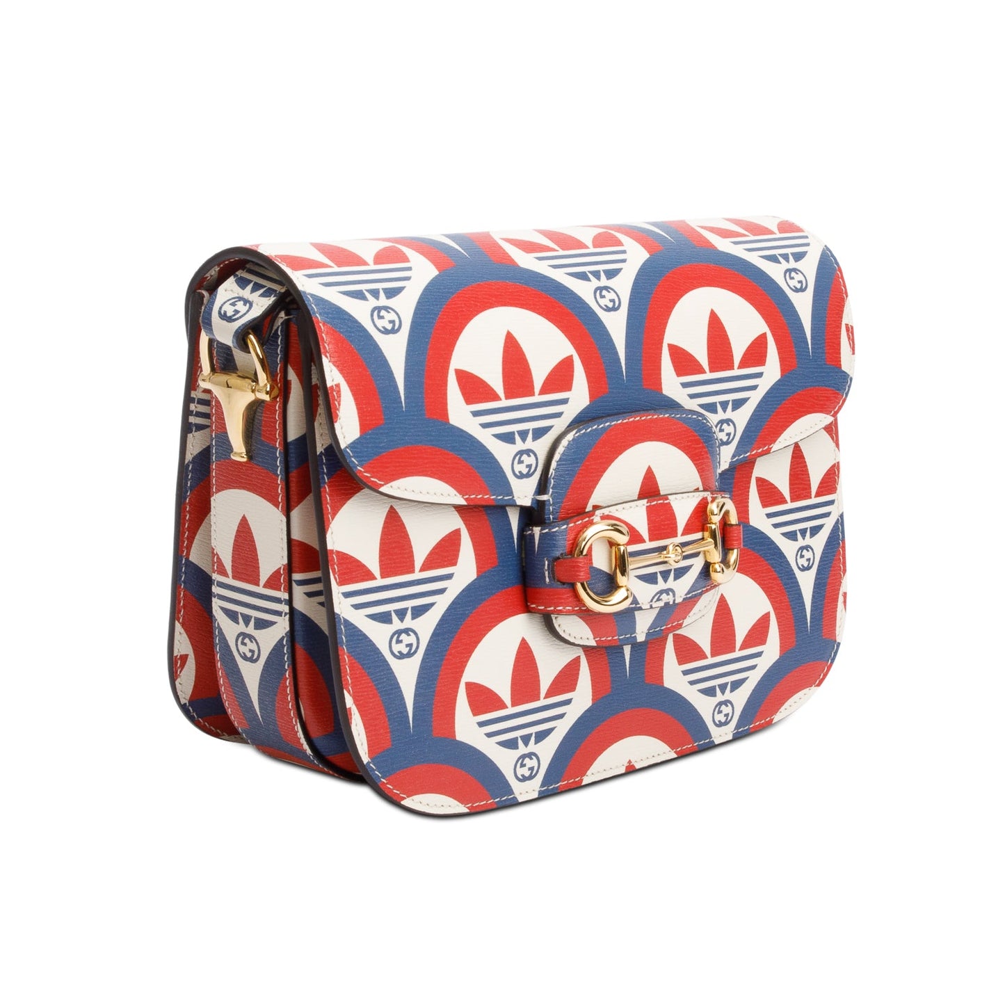 Gucci X Adidas Limited Edition Blue/Red Trefoil Printed Leather Horsebit 1955 Small Shoulder Bag