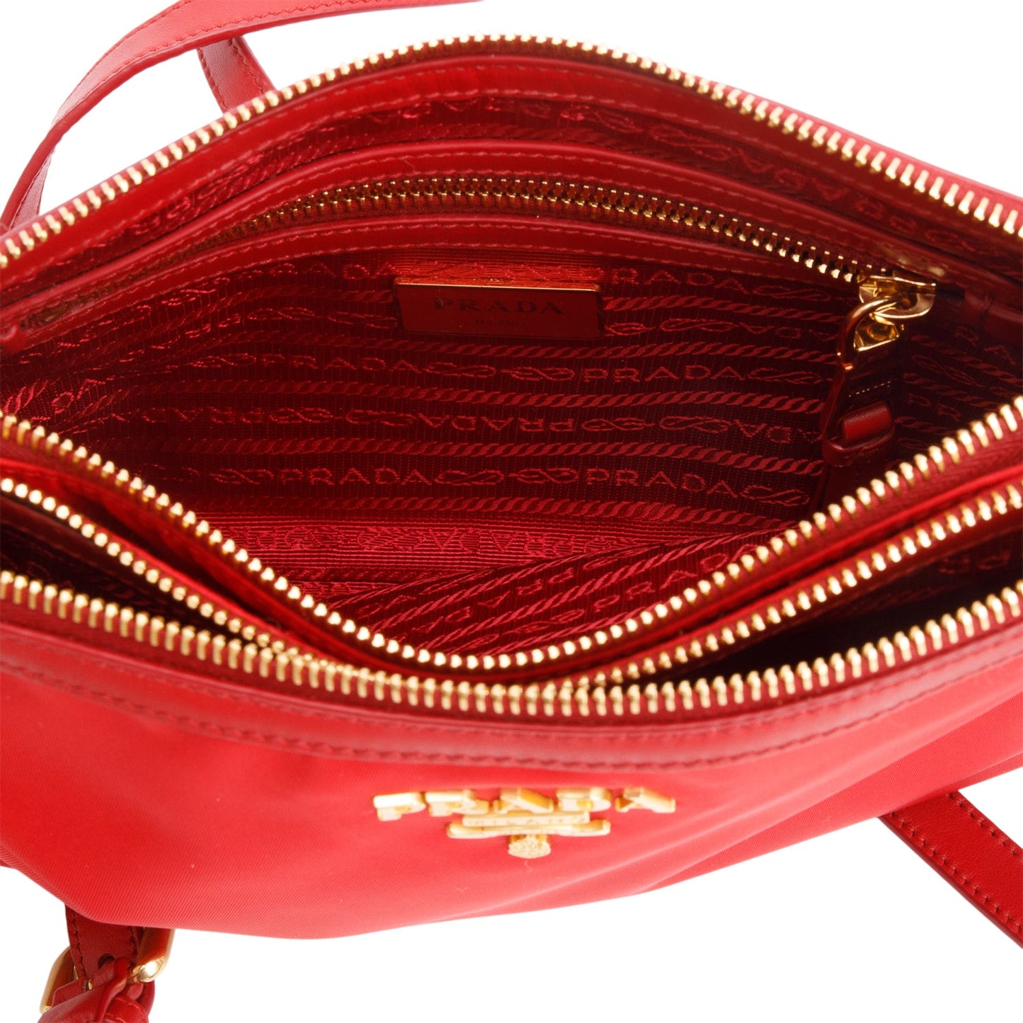 Prada Red Soft Calf Leather Tessuto Nylon Small Double Zip Crossbody Bag