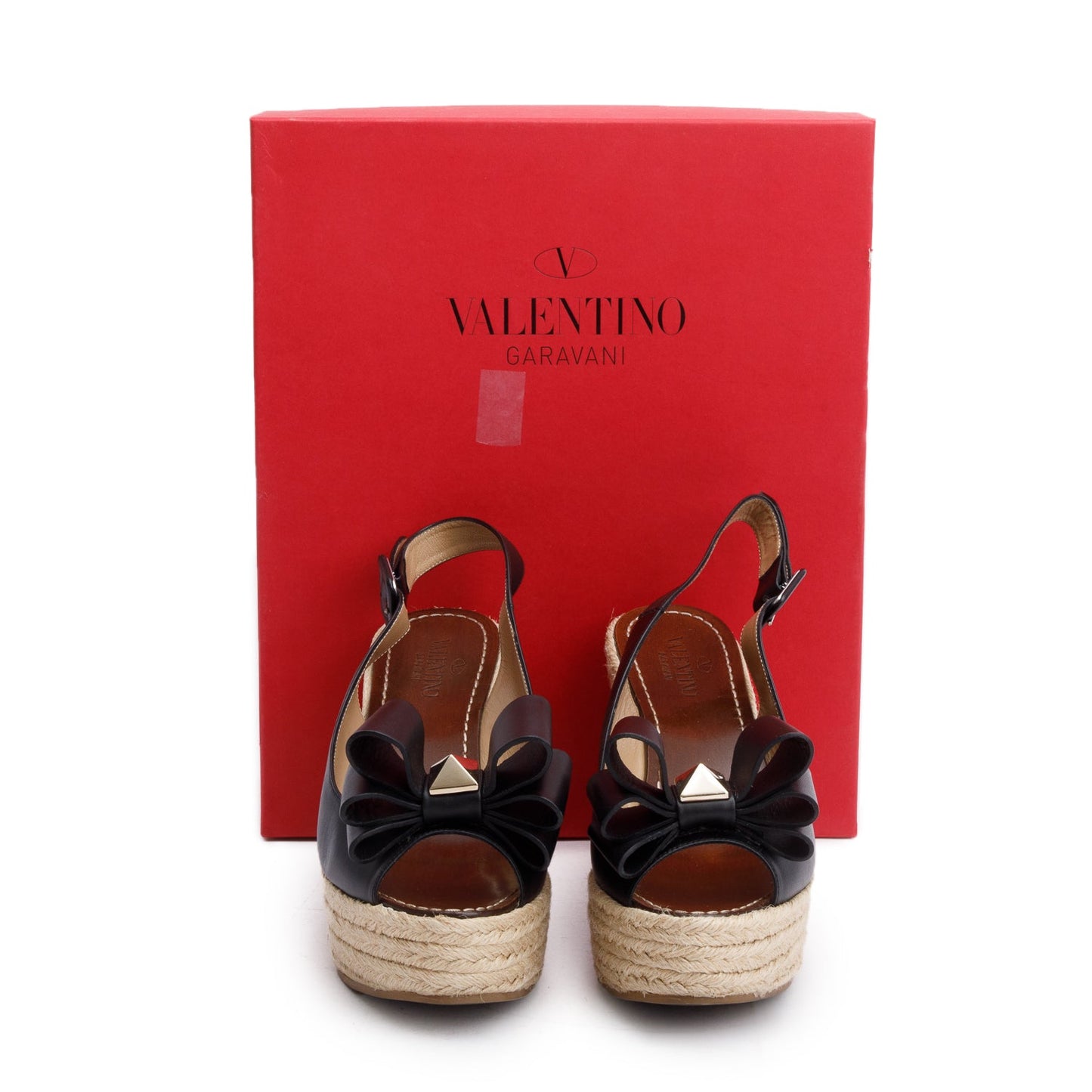 Valentino Black Leather Rockstud Bow Peep-Toe Platform Espadrille Sandlas, Size 39.5