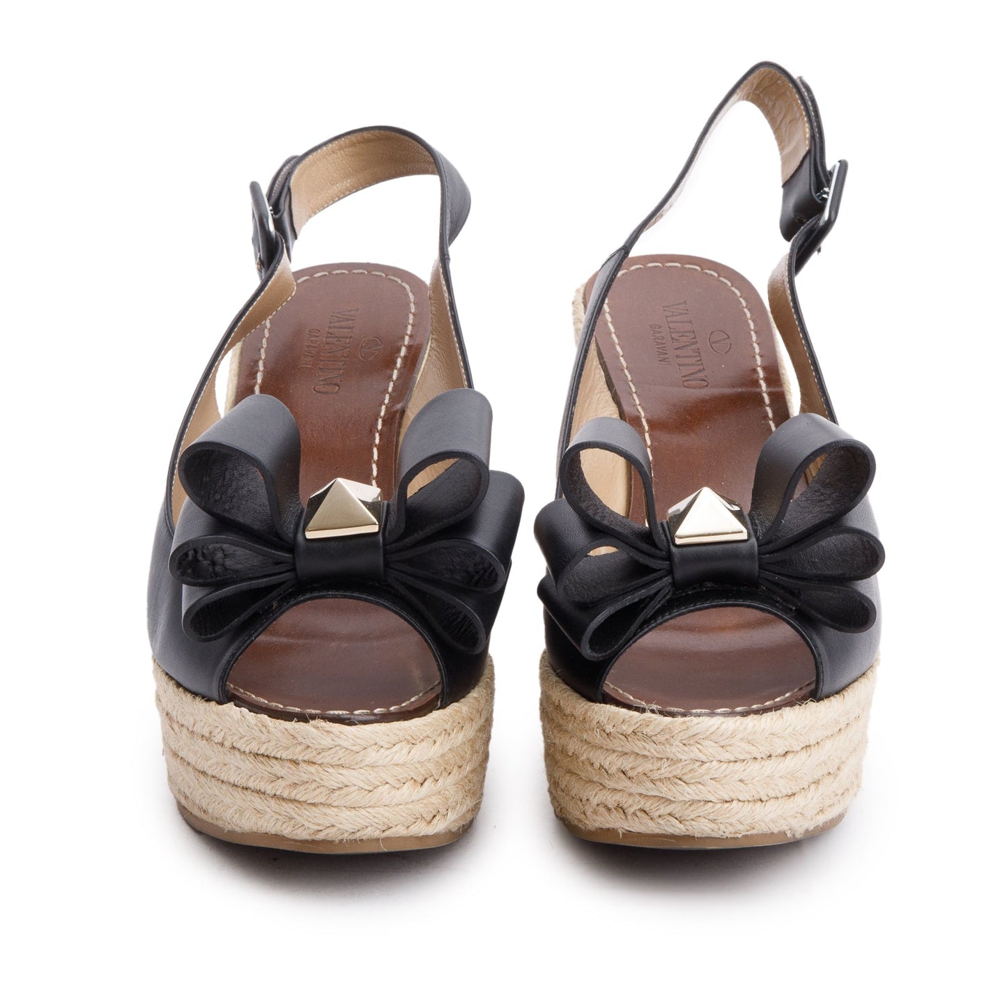 Valentino Black Leather Rockstud Bow Peep-Toe Platform Espadrille Sandlas, Size 39.5