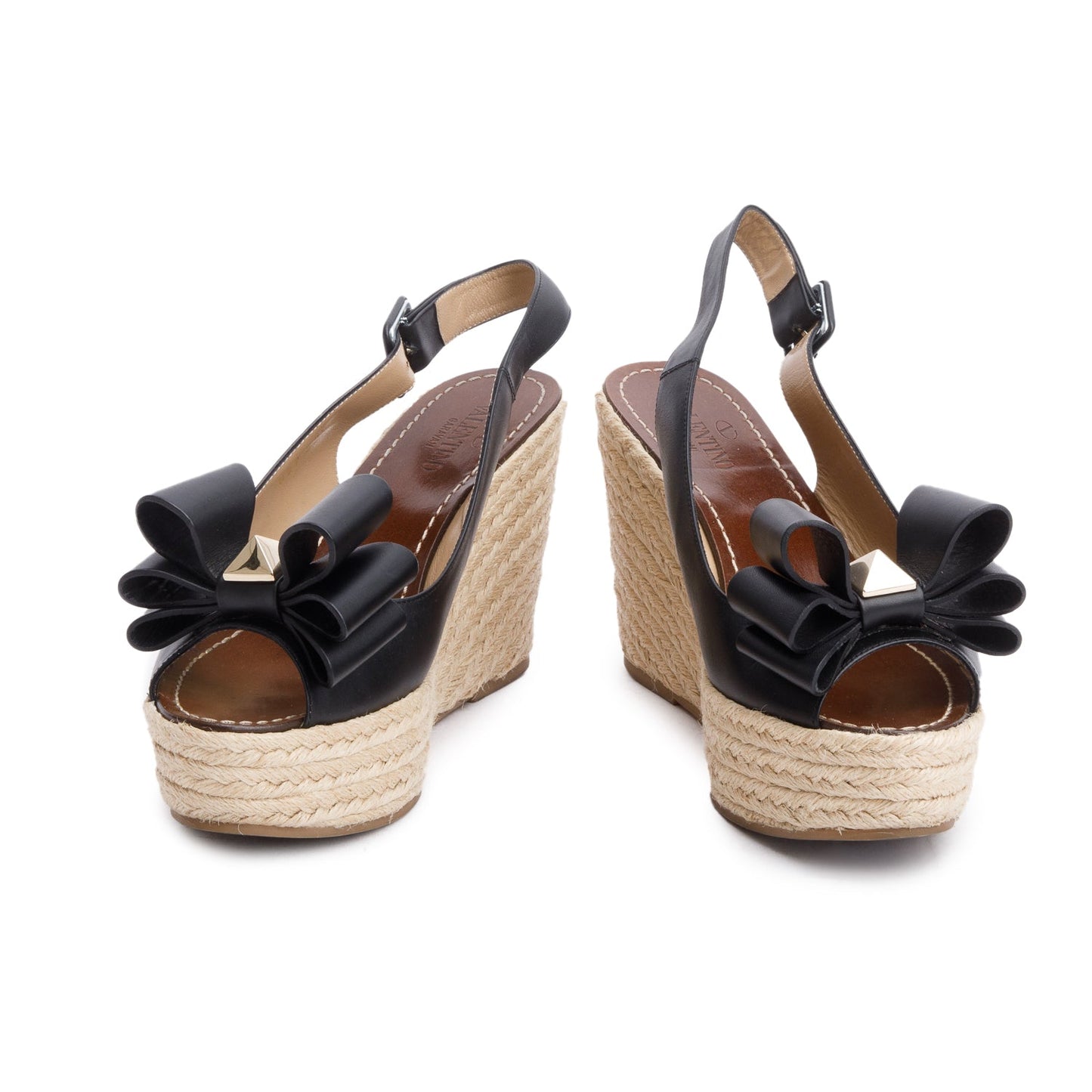 Valentino Black Leather Rockstud Bow Peep-Toe Platform Espadrille Sandlas, Size 39.5