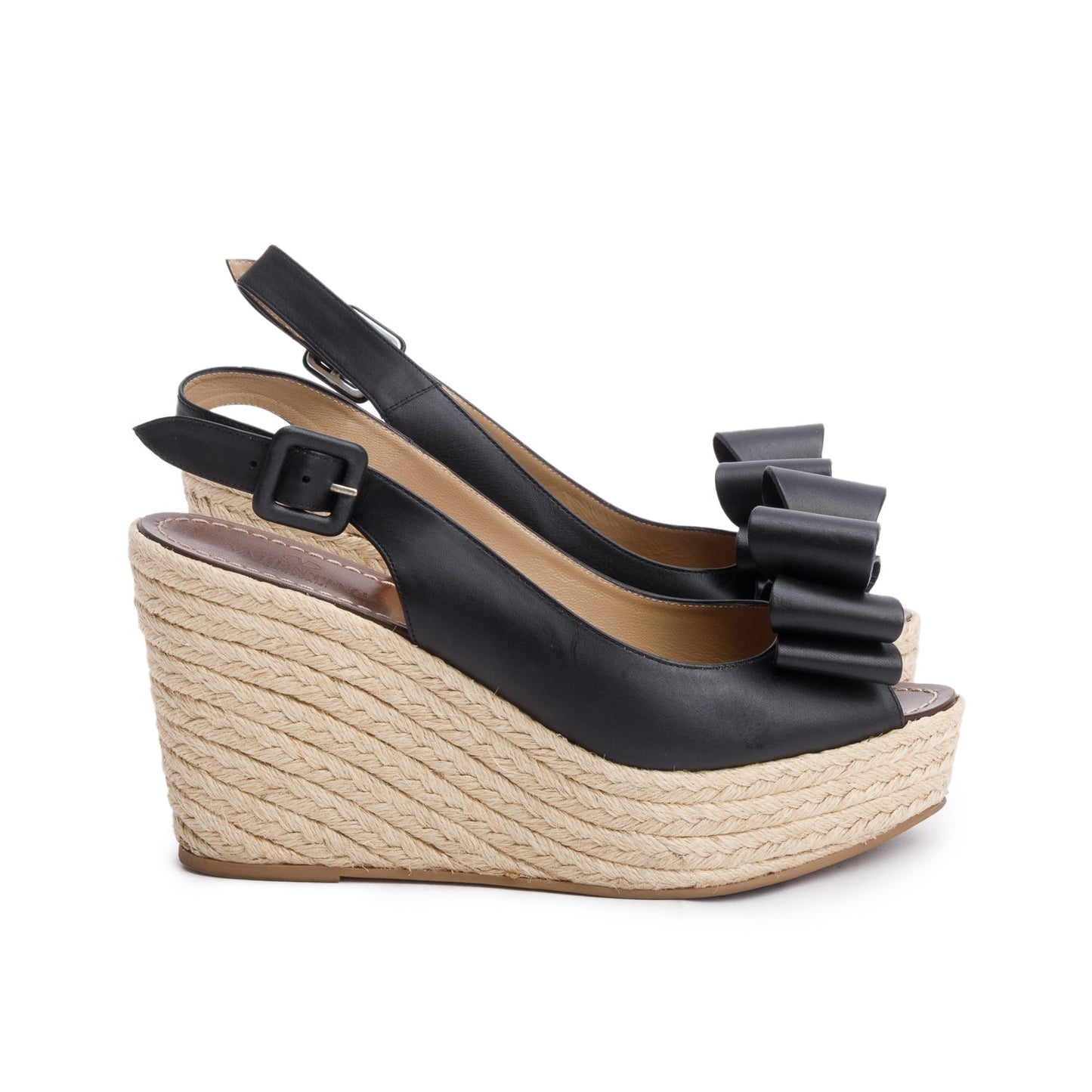 Valentino Black Leather Rockstud Bow Peep-Toe Platform Espadrille Sandlas, Size 39.5
