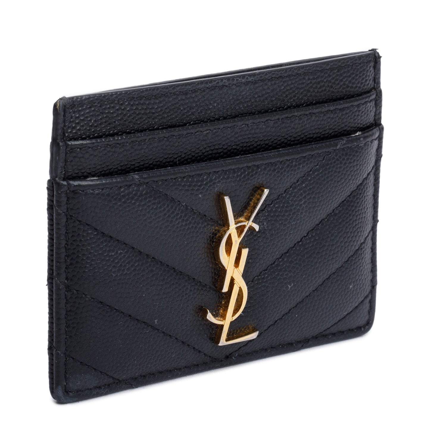 Saint Laurent Black Grain de Poudre Matelasse Chevron Leather Card Holder