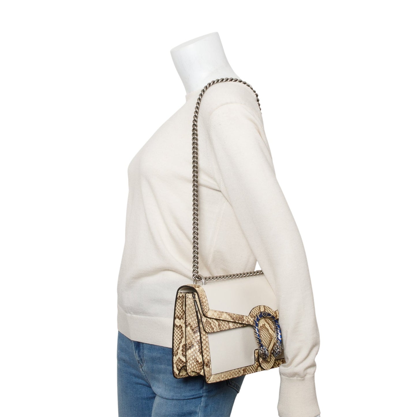 Gucci White Calfskin Leather Python Trim Small Dionysus Shoulder Bag