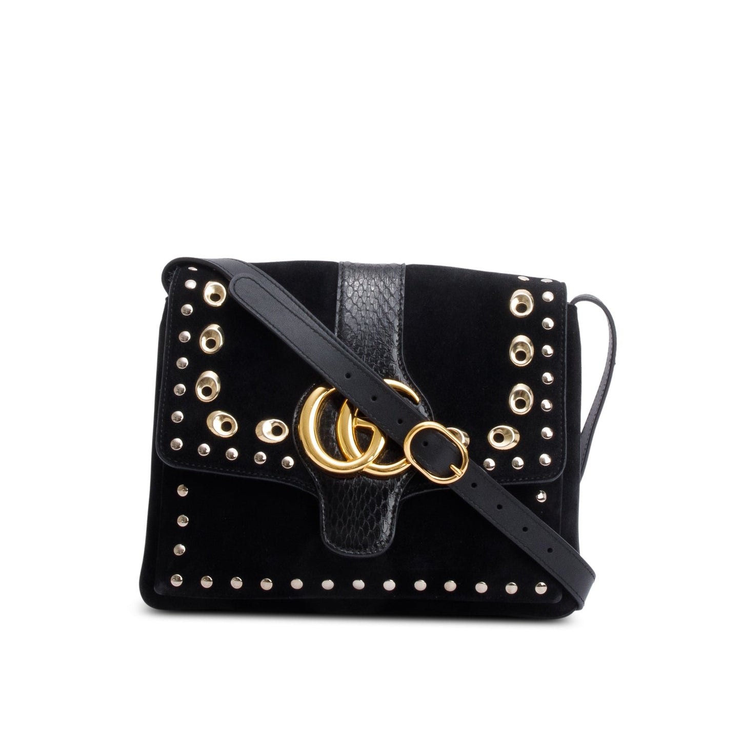 Gucci Black Suede Python Trim Studded Medium Arli Flap Crossbody Bag