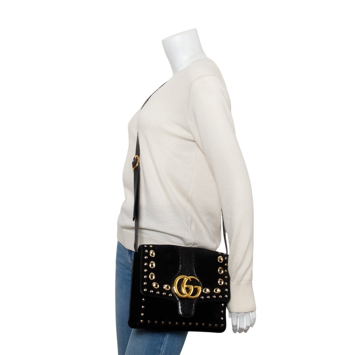 Gucci Black Suede Python Trim Studded Medium Arli Flap Crossbody Bag