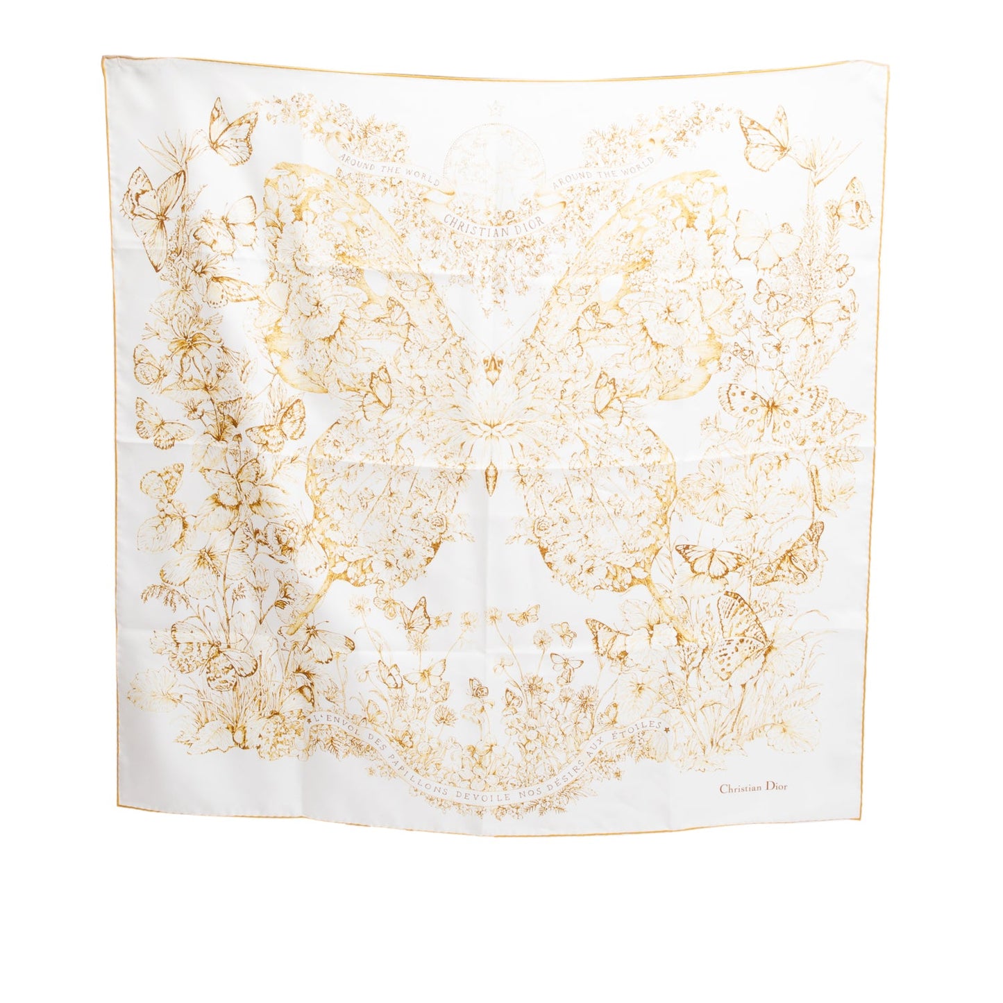 Christian Dior White/Yellow 'Around The World' Silk Scarf 90