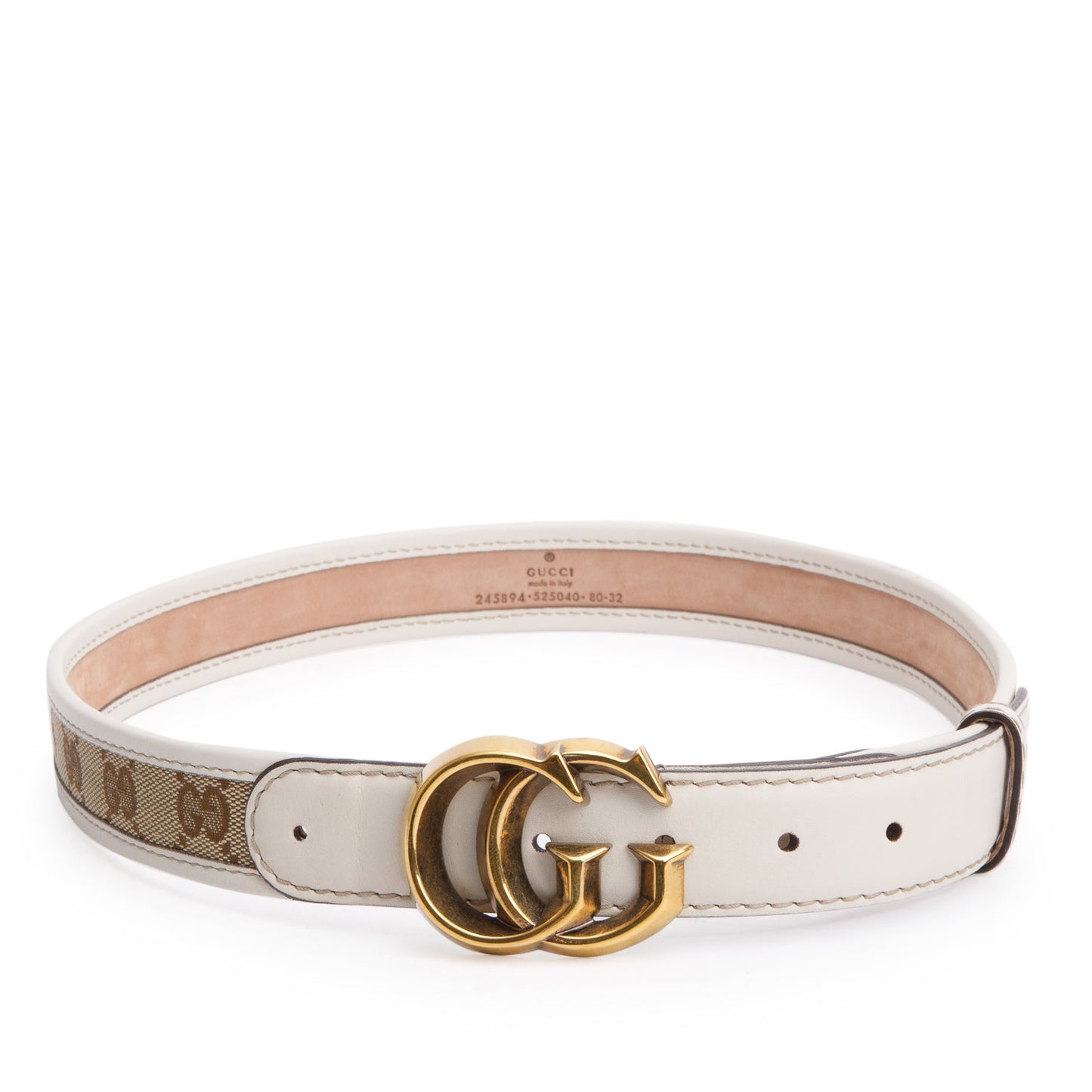 Gucci GG Canvas Calfskin Leather Sculpted GG Buckle Belt
