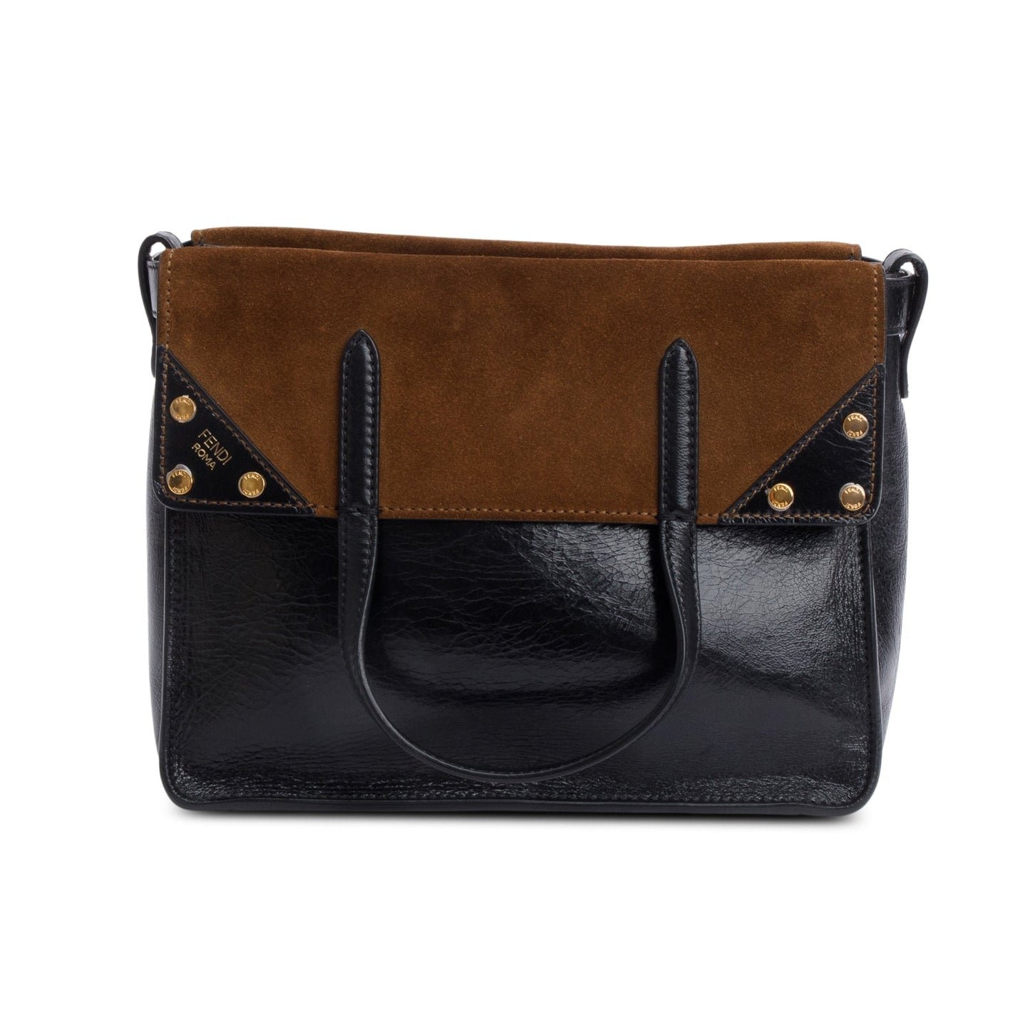 Fendi Black Leather Brown Suede FF Small Flip Bag