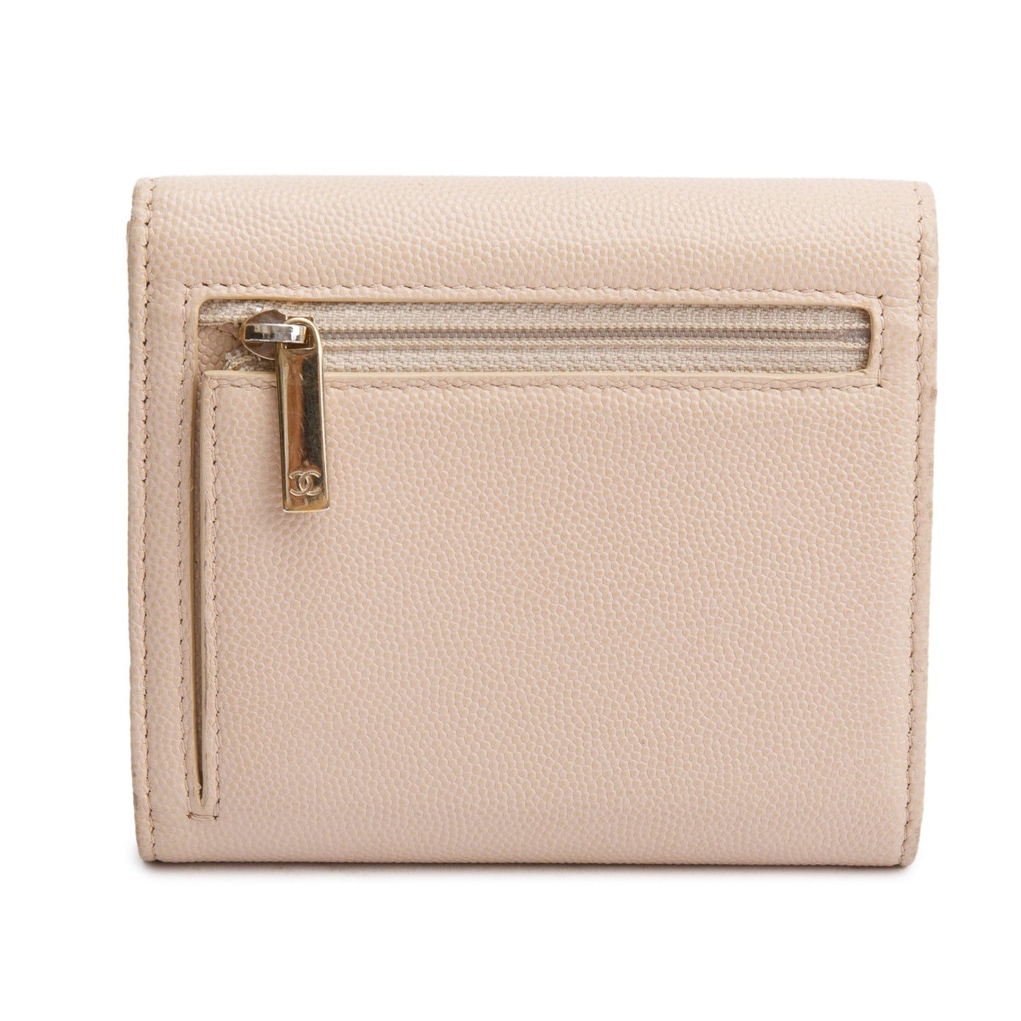 Chanel Beige Caviar Leather Timeless Trifold Compact Wallet