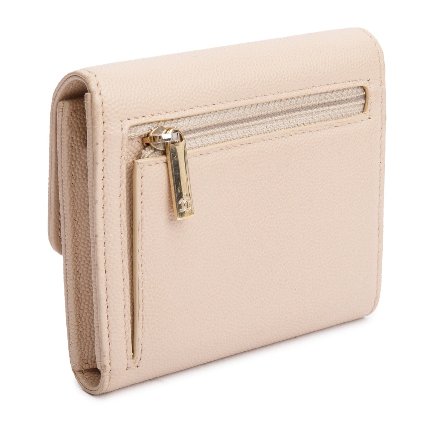 Chanel Beige Caviar Leather Timeless Trifold Compact Wallet