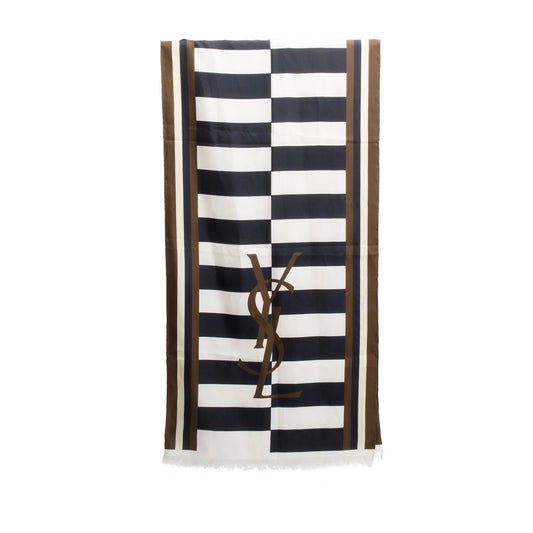 Saint Laurent Black/Brown/White Logo Striped Print Silk Scarf