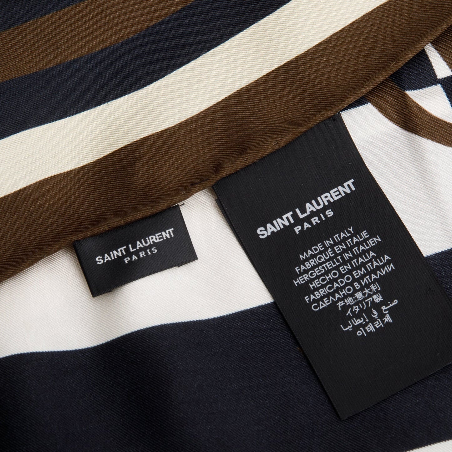 Saint Laurent Black/Brown/White Logo Striped Print Silk Scarf