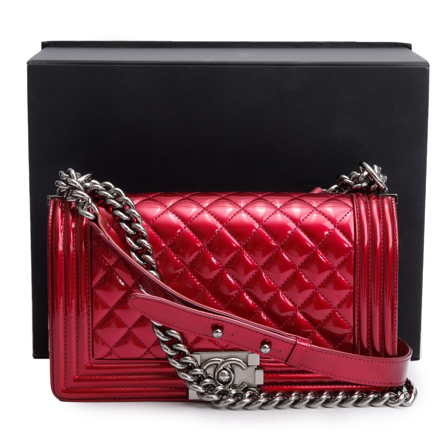 Chanel Red Patent Leather Medium Boy Bag