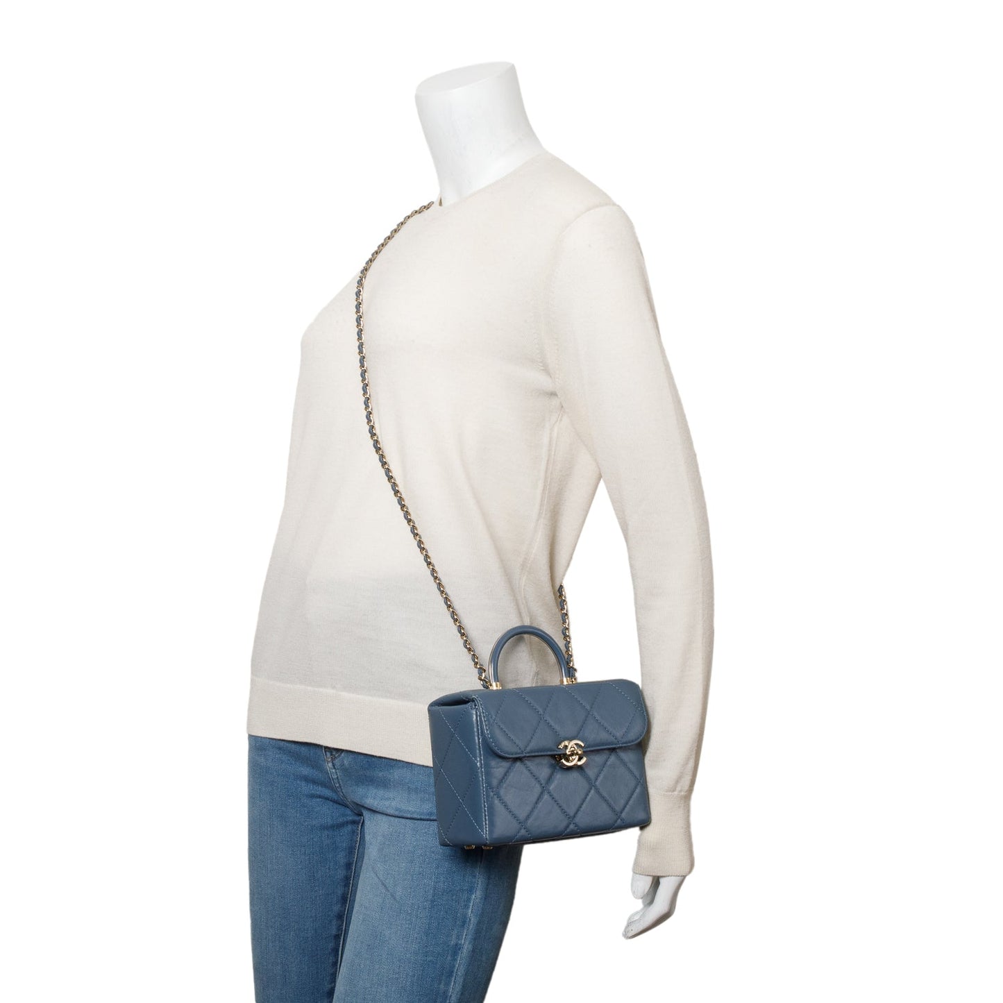 Chanel 2023 Blue Quilted Lambskin Leather Vanity Top Handle Bag