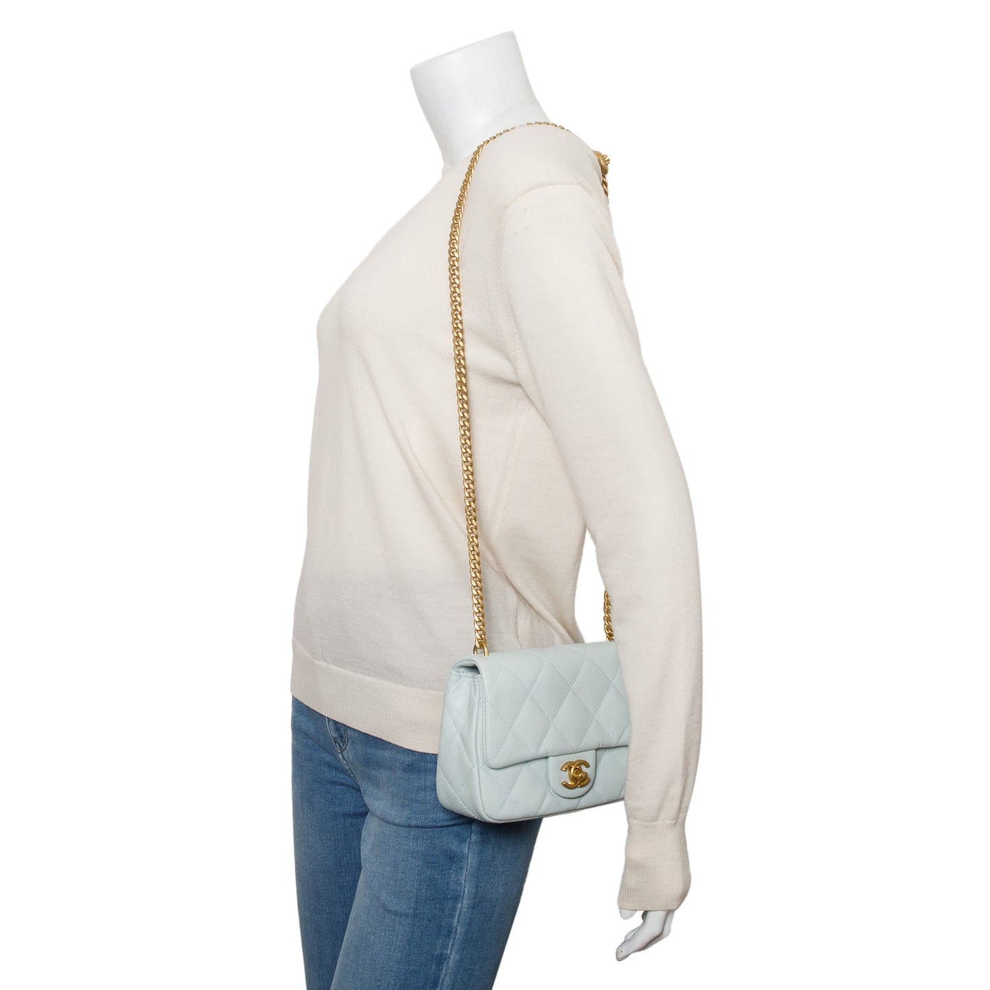 Chanel Light Blue Quilted Caviar Leather Sweetheart Square Mini Flap Bag