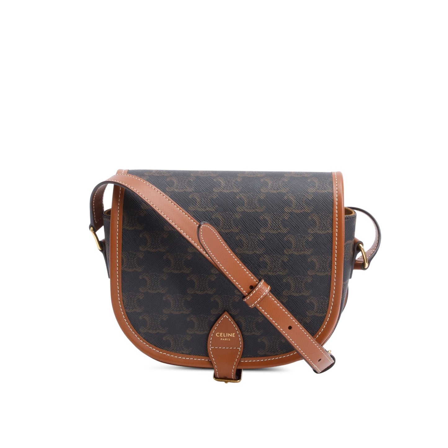Celine 2021 Tan Triomphe Canvas and Calfskin Leather Medium Folco Crossbody Bag