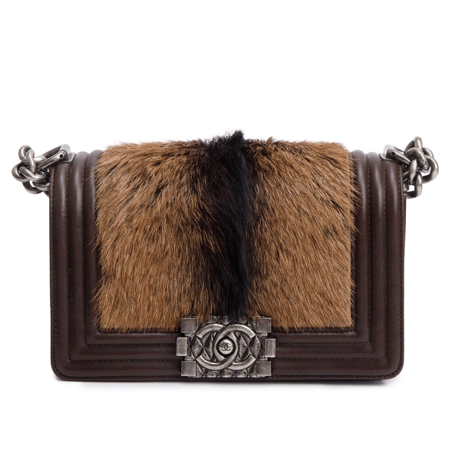 Chanel Brown Lambskin Leather Ponyhair Small Boy Bag